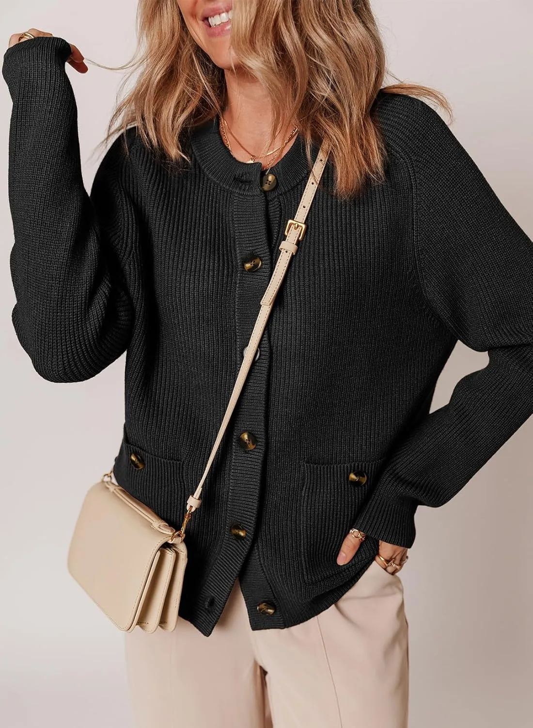 Dokotoo Cardigan Sweaters for Women Casual Long Sleeve Crewneck Button Down Cable Knit Sweater Tops with Pockets