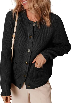 Dokotoo Cardigan Sweaters for Women Casual Long Sleeve Crewneck Button Down Cable Knit Sweater Tops with Pockets