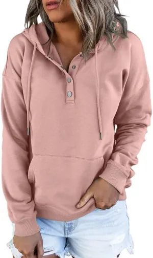 Dokotoo Womens 2025 Hoodies Button Collar Drawstring Hooded Pullover Sweatshirt Casual Long Sleeve Tops Shirts