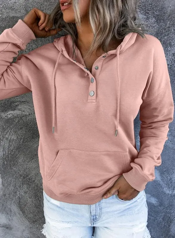 Dokotoo Womens 2025 Hoodies Button Collar Drawstring Hooded Pullover Sweatshirt Casual Long Sleeve Tops Shirts