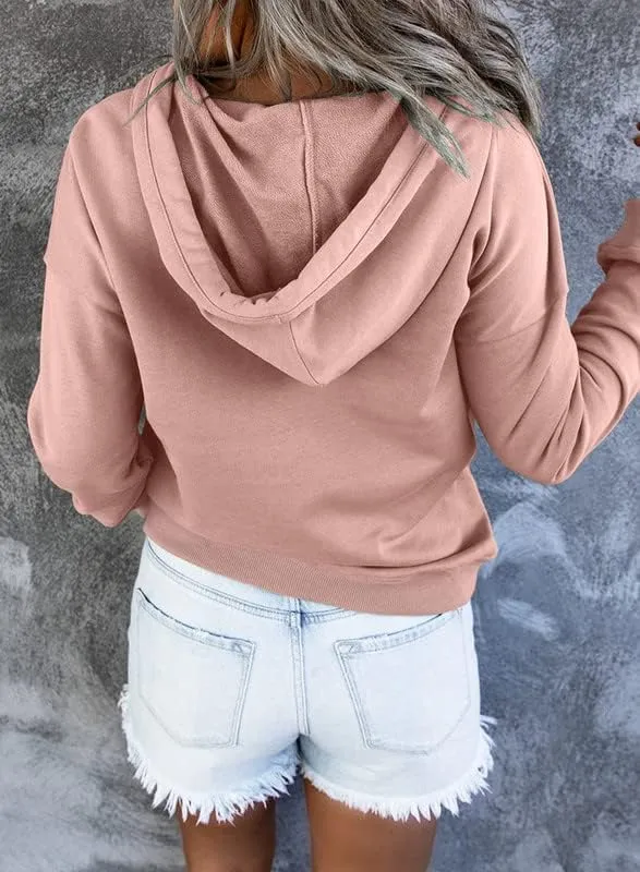 Dokotoo Womens 2025 Hoodies Button Collar Drawstring Hooded Pullover Sweatshirt Casual Long Sleeve Tops Shirts