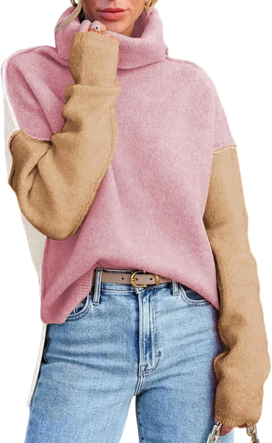 Dokotoo Womens Turtleneck Sweaters Casual Long Sleeve Color Block Side Slit Pullover Knit Jumper Tops