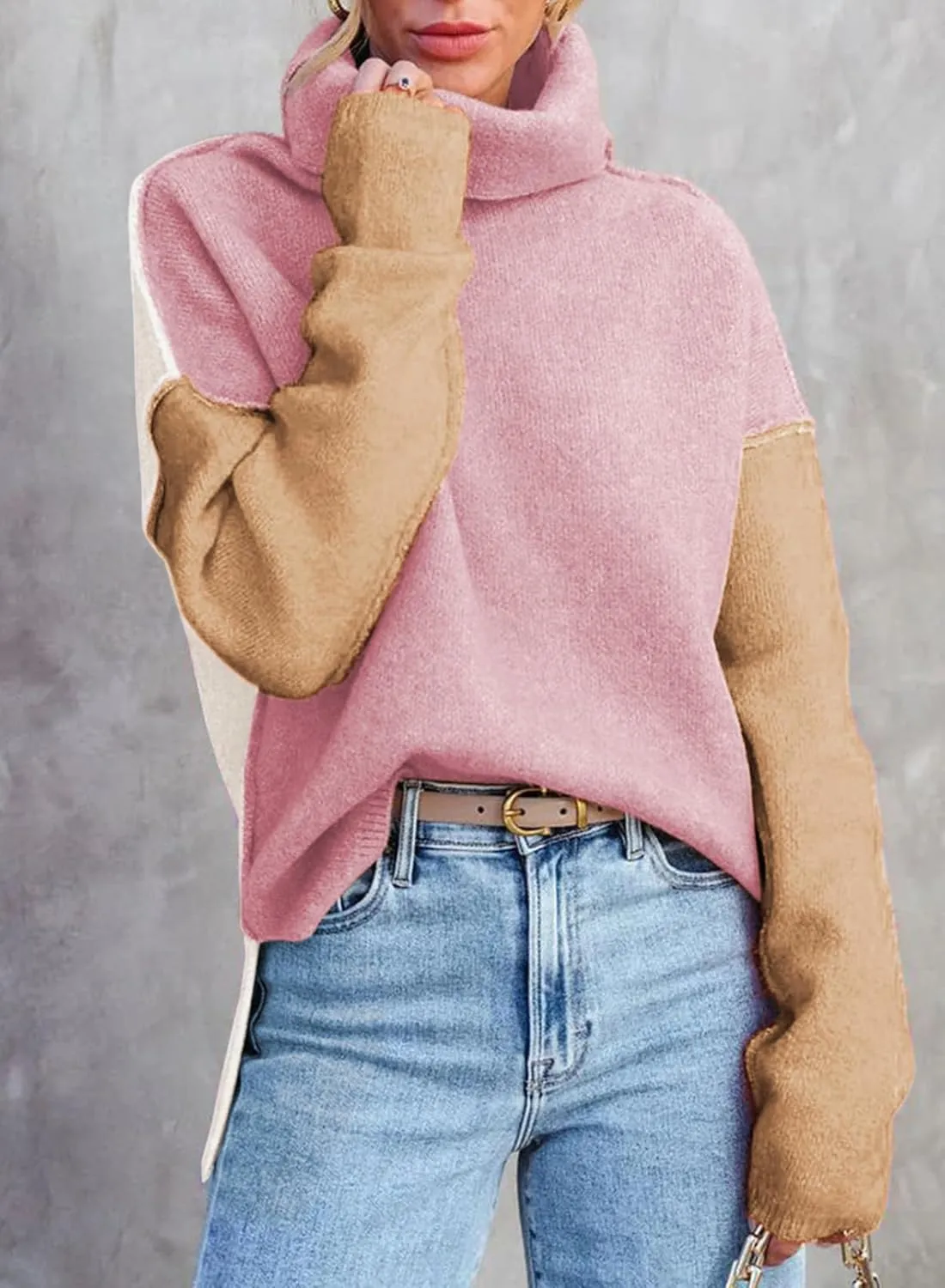 Dokotoo Womens Turtleneck Sweaters Casual Long Sleeve Color Block Side Slit Pullover Knit Jumper Tops
