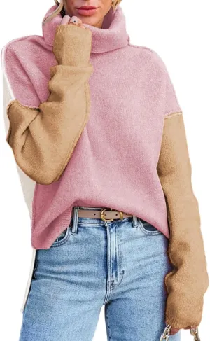 Dokotoo Womens Turtleneck Sweaters Casual Long Sleeve Color Block Side Slit Pullover Knit Jumper Tops
