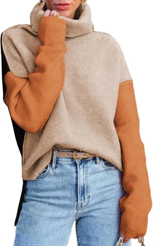 Dokotoo Womens Turtleneck Sweaters Casual Long Sleeve Color Block Side Slit Pullover Knit Jumper Tops