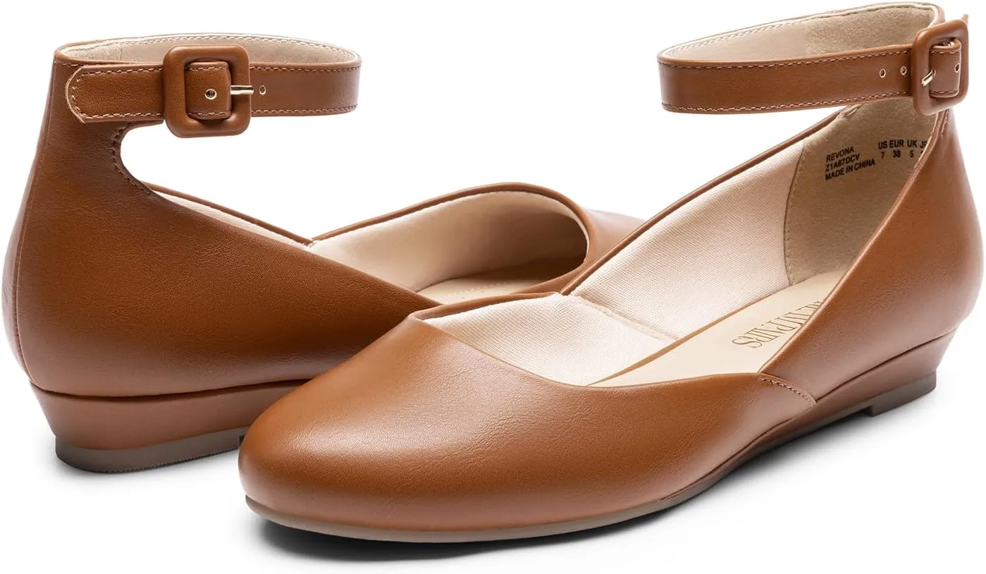 DREAM PAIRS Women's Dress Flats Ballet Low Wedge Round Toe Ankle Strap Comfortable Casual Flats Shoes