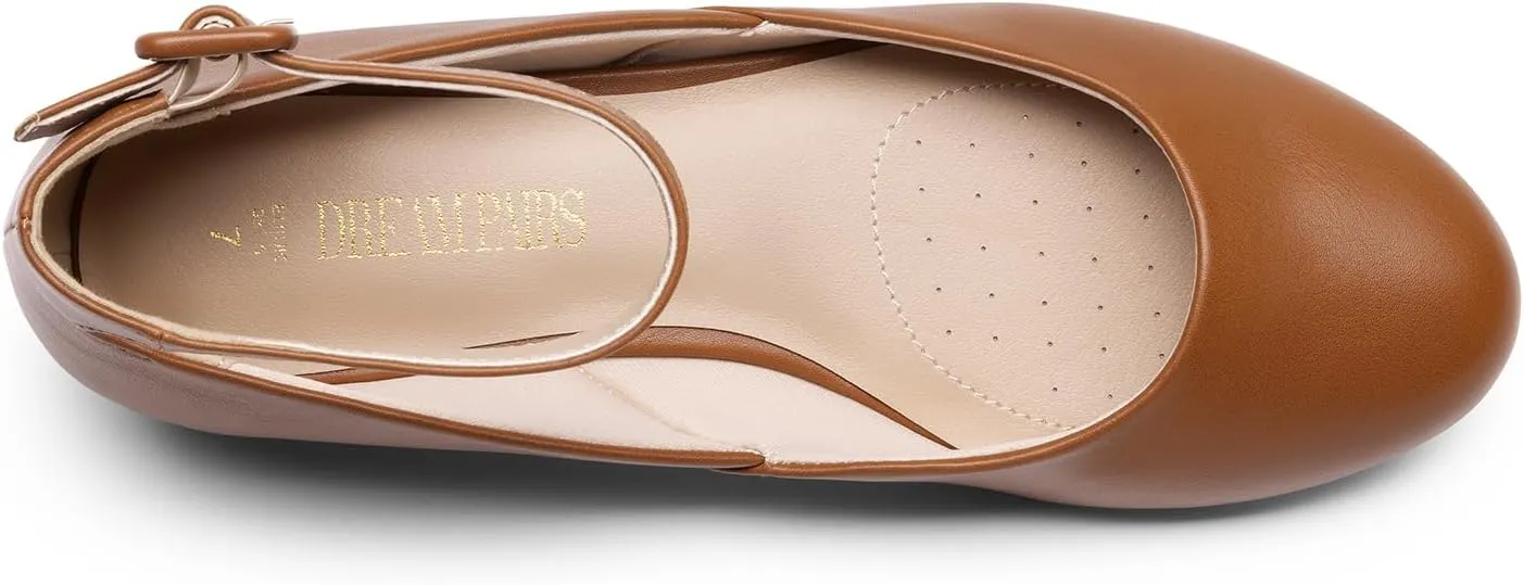 DREAM PAIRS Women's Dress Flats Ballet Low Wedge Round Toe Ankle Strap Comfortable Casual Flats Shoes