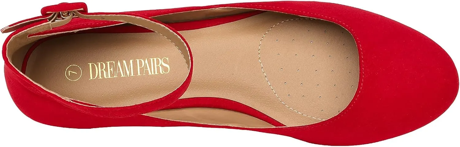 DREAM PAIRS Women's Dress Flats Ballet Low Wedge Round Toe Ankle Strap Comfortable Casual Flats Shoes