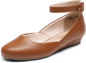 DREAM PAIRS Women's Dress Flats Ballet Low Wedge Round Toe Ankle Strap Comfortable Casual Flats Shoes