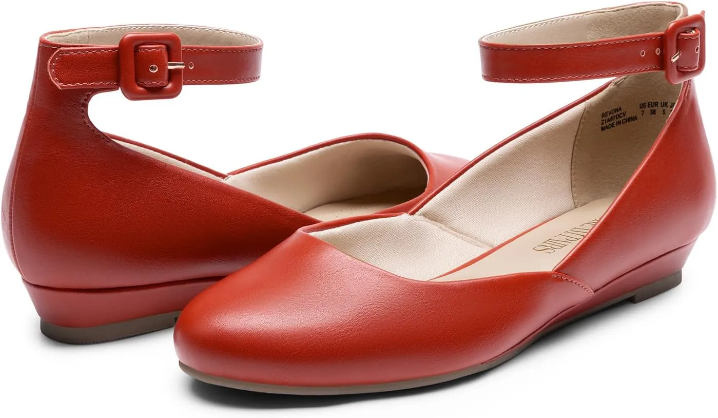 DREAM PAIRS Women's Dress Flats Ballet Low Wedge Round Toe Ankle Strap Comfortable Casual Flats Shoes