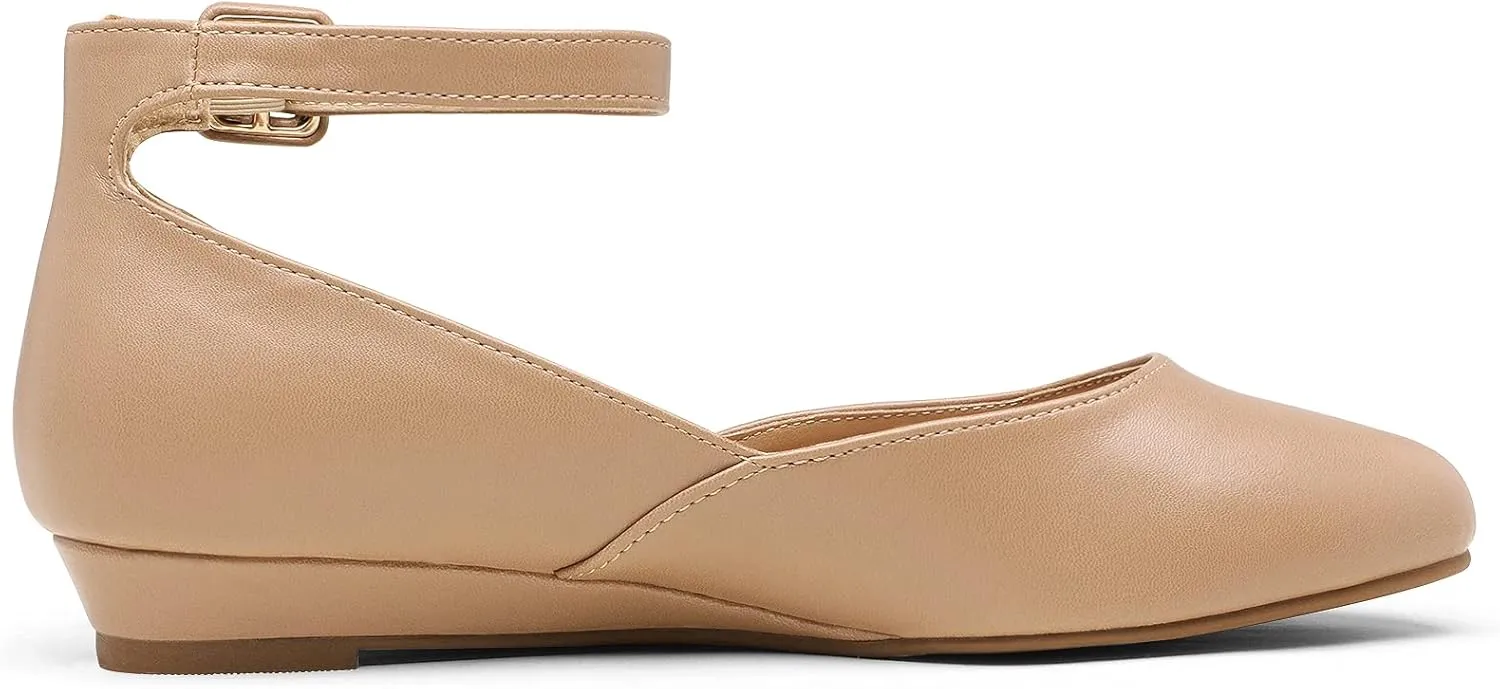 DREAM PAIRS Women's Dress Flats Ballet Low Wedge Round Toe Ankle Strap Comfortable Casual Flats Shoes