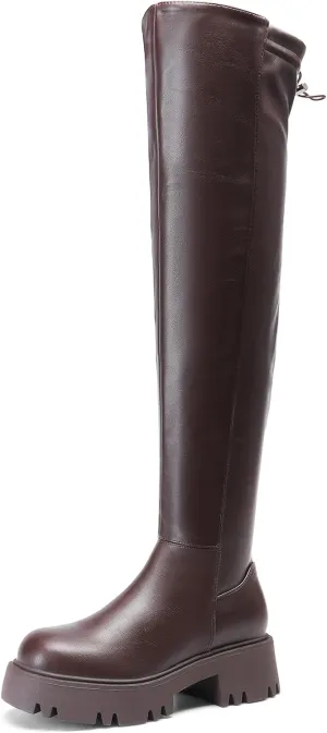 DREAM PAIRS Women's Platform Over The Knee Boots Lug Sole Round Toe Thigh High Long Chunky Block Heels Fall Boots