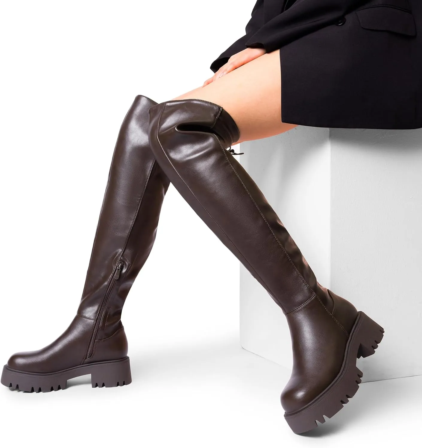 DREAM PAIRS Women's Platform Over The Knee Boots Lug Sole Round Toe Thigh High Long Chunky Block Heels Fall Boots