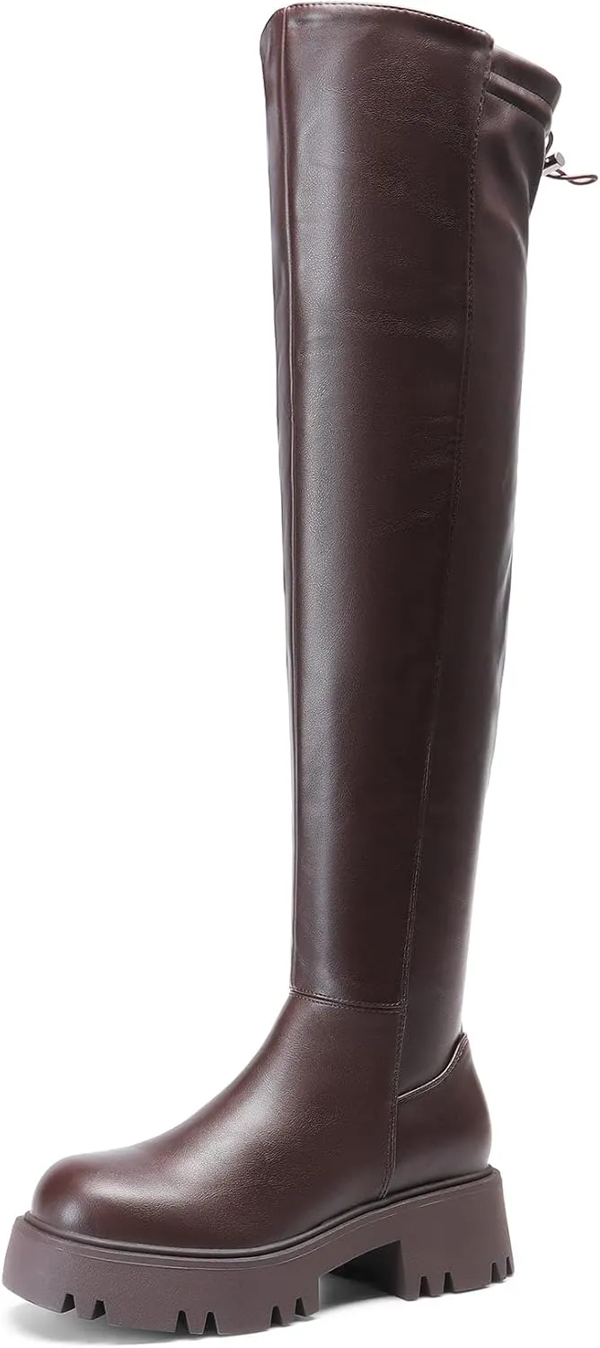 DREAM PAIRS Women's Platform Over The Knee Boots Lug Sole Round Toe Thigh High Long Chunky Block Heels Fall Boots