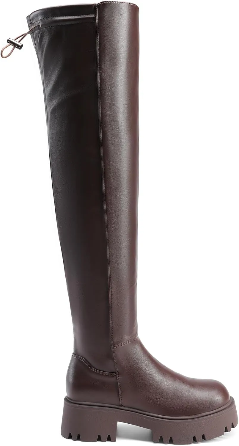 DREAM PAIRS Women's Platform Over The Knee Boots Lug Sole Round Toe Thigh High Long Chunky Block Heels Fall Boots