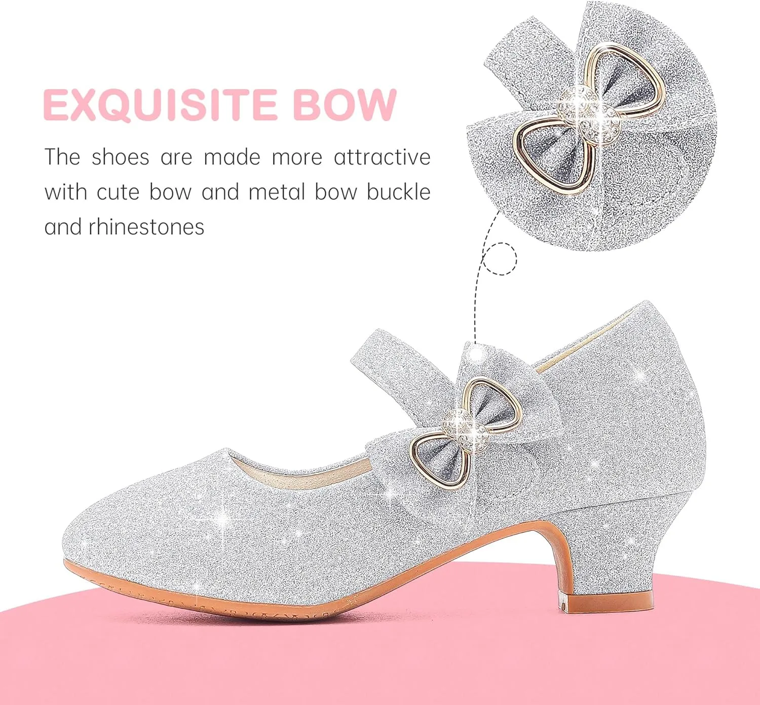 Dufannie Girls Dress Shoes Low Heel Princess Flats Mary Jane Flower Wedding Party Glitter Shoes for Kids Toddler