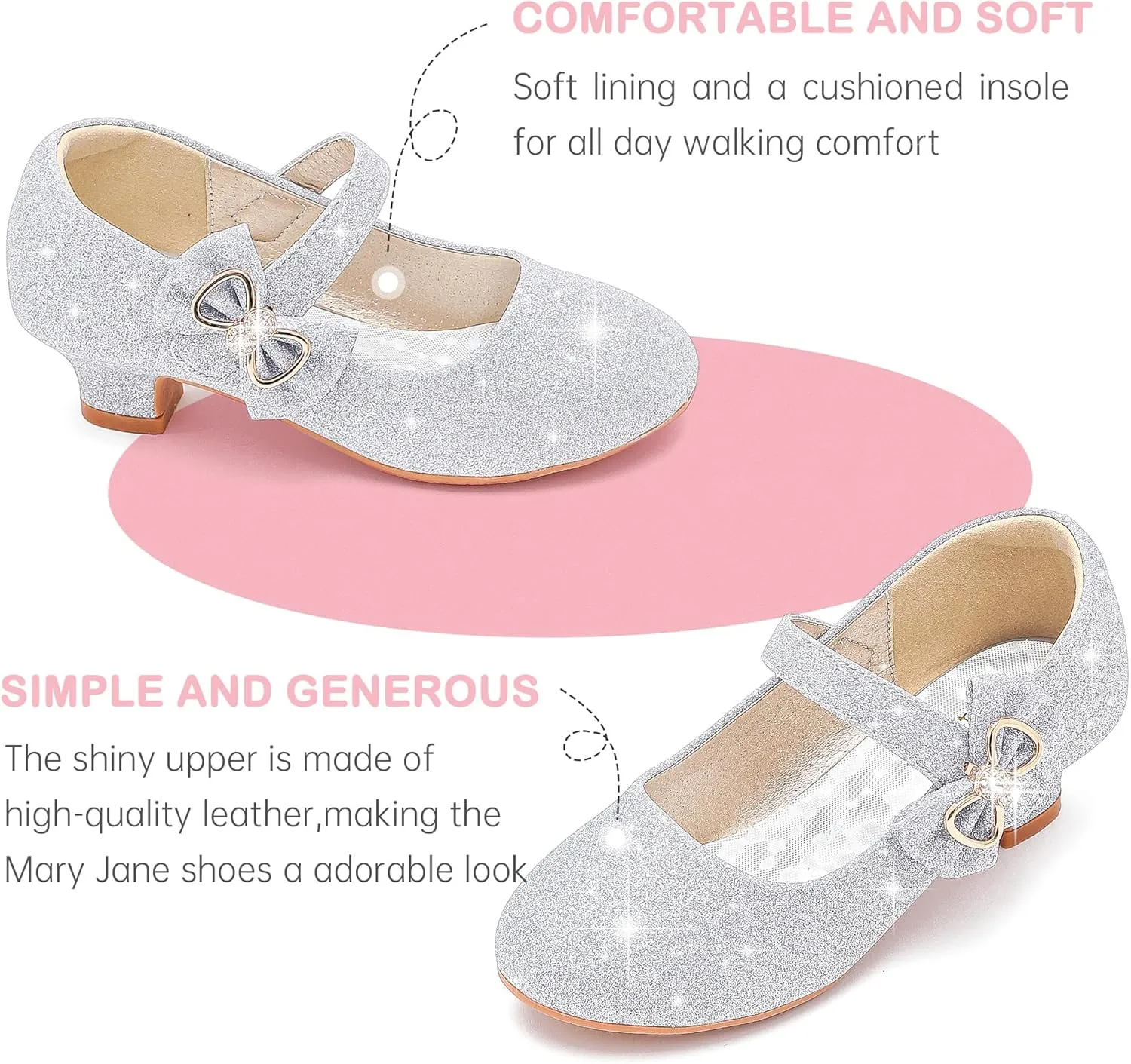 Dufannie Girls Dress Shoes Low Heel Princess Flats Mary Jane Flower Wedding Party Glitter Shoes for Kids Toddler