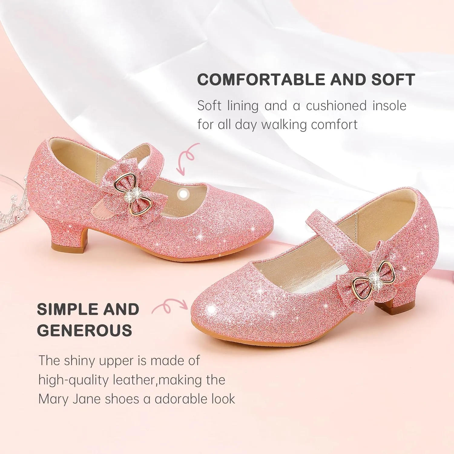Dufannie Girls Dress Shoes Low Heel Princess Flats Mary Jane Flower Wedding Party Glitter Shoes for Kids Toddler