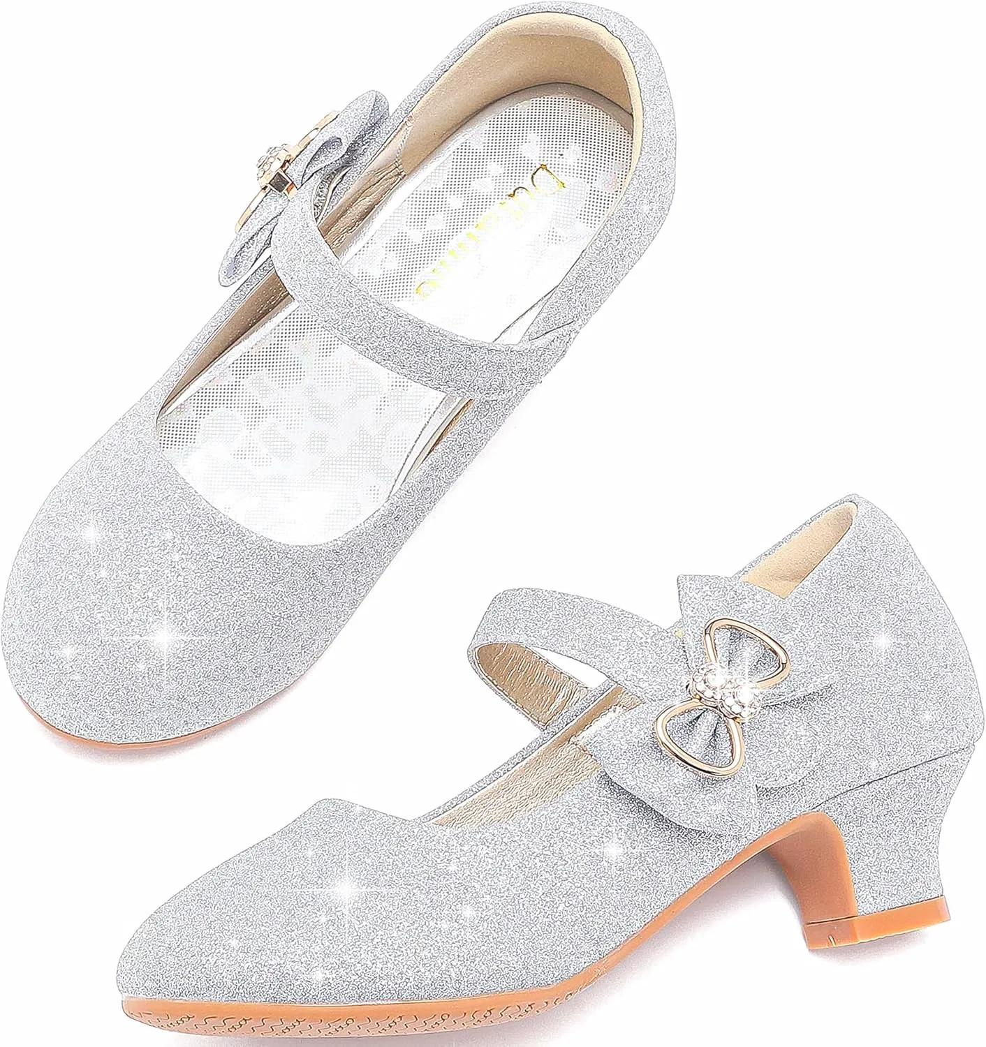 Dufannie Girls Dress Shoes Low Heel Princess Flats Mary Jane Flower Wedding Party Glitter Shoes for Kids Toddler