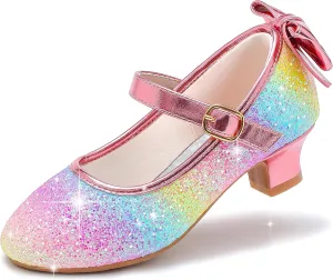 Dufannie Girls Dress Shoes Low Heel Princess Flats Mary Jane Flower Wedding Party Glitter Shoes for Kids Toddler