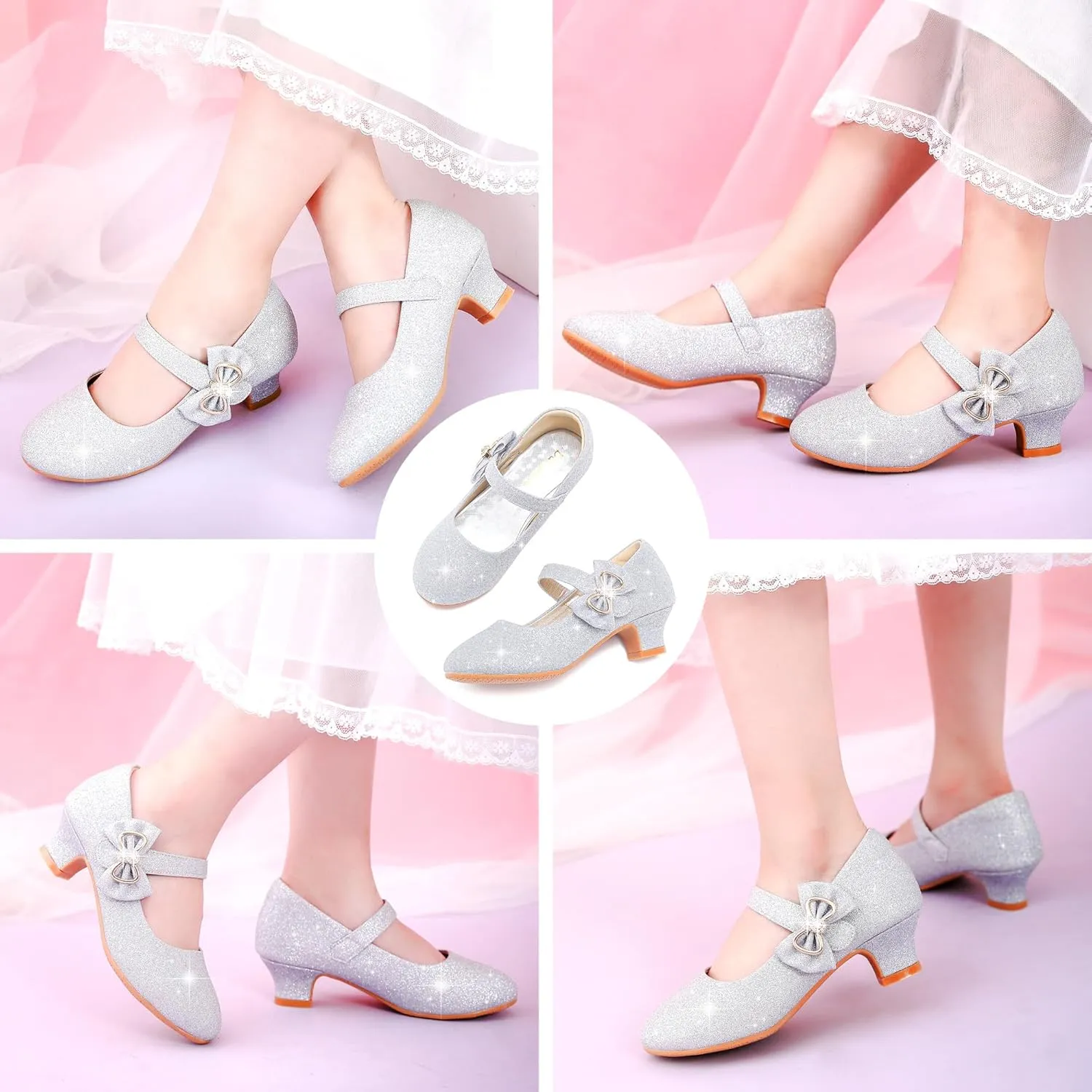 Dufannie Girls Dress Shoes Low Heel Princess Flats Mary Jane Flower Wedding Party Glitter Shoes for Kids Toddler
