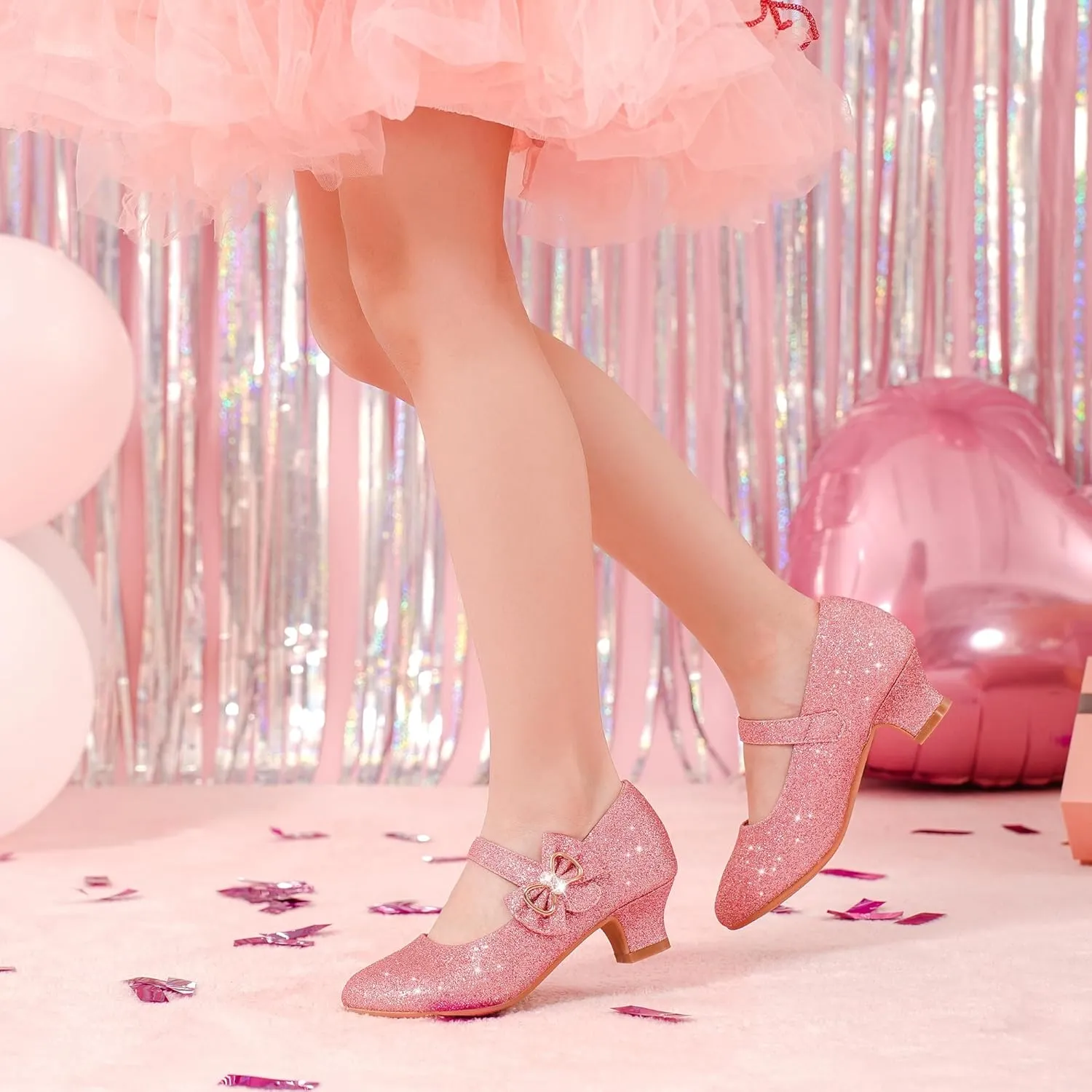 Dufannie Girls Dress Shoes Low Heel Princess Flats Mary Jane Flower Wedding Party Glitter Shoes for Kids Toddler