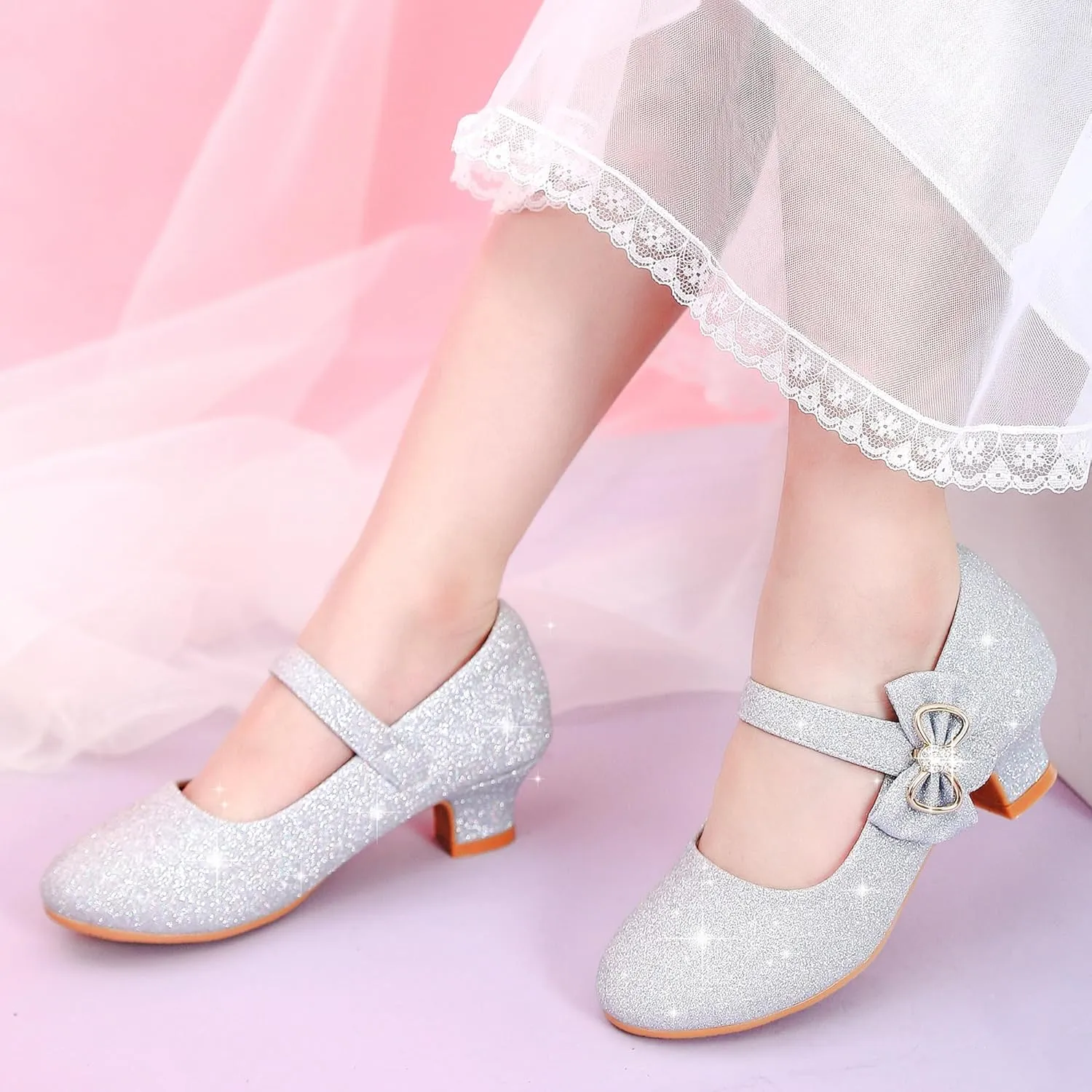 Dufannie Girls Dress Shoes Low Heel Princess Flats Mary Jane Flower Wedding Party Glitter Shoes for Kids Toddler