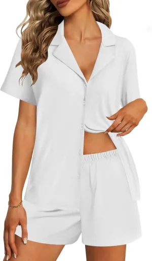 Ekouaer Womens Pajama Sets 2 Piece Cotton Pjs Button Down Sleepwear Short Sleeve Lounge Set with Pockets