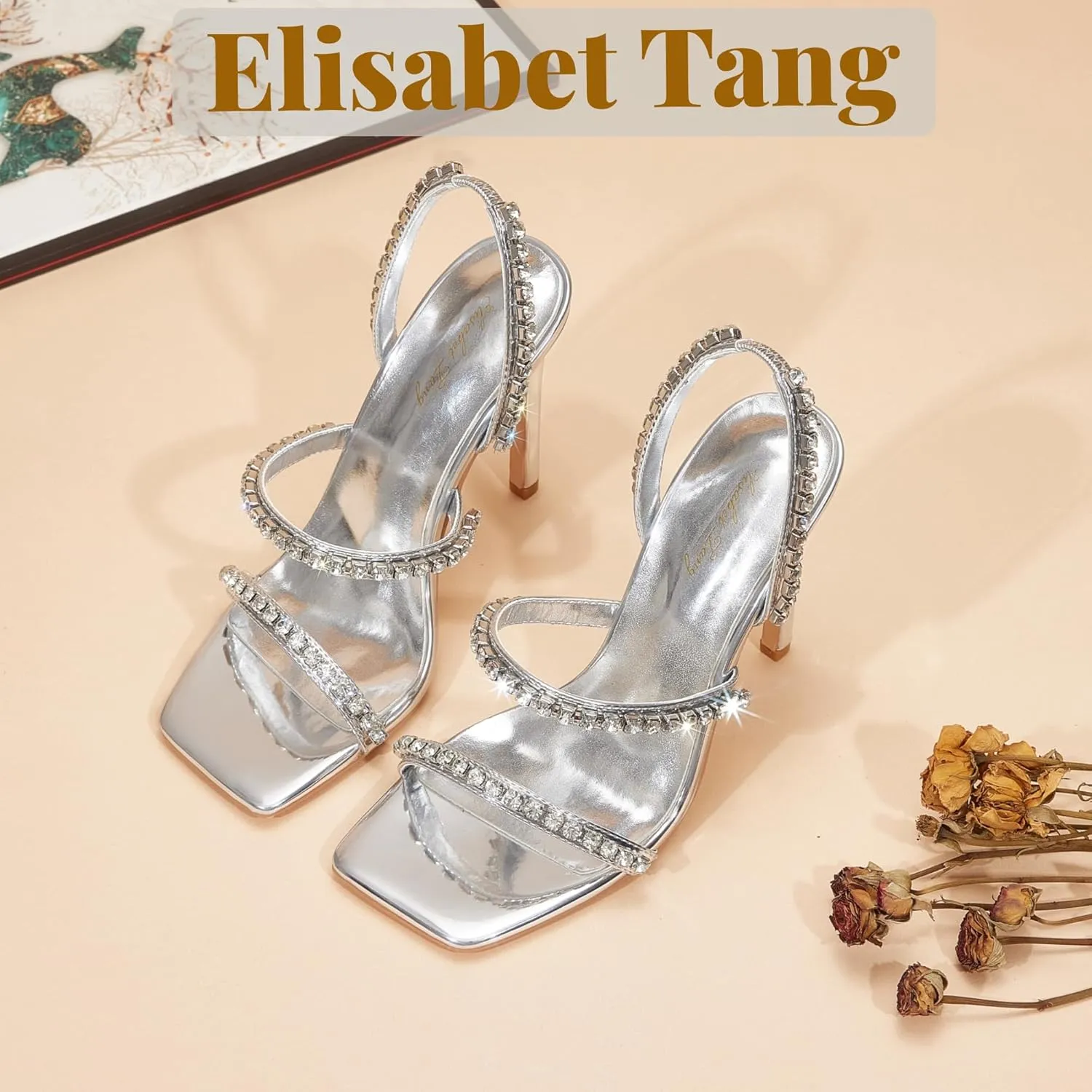 Elisabet Tang 4.3 Inch Open Toe Strappy Square Toe Heels Stiletto for Women