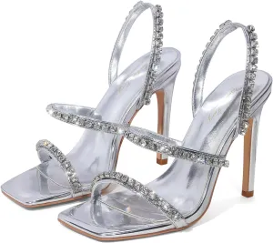 Elisabet Tang 4.3 Inch Open Toe Strappy Square Toe Heels Stiletto for Women