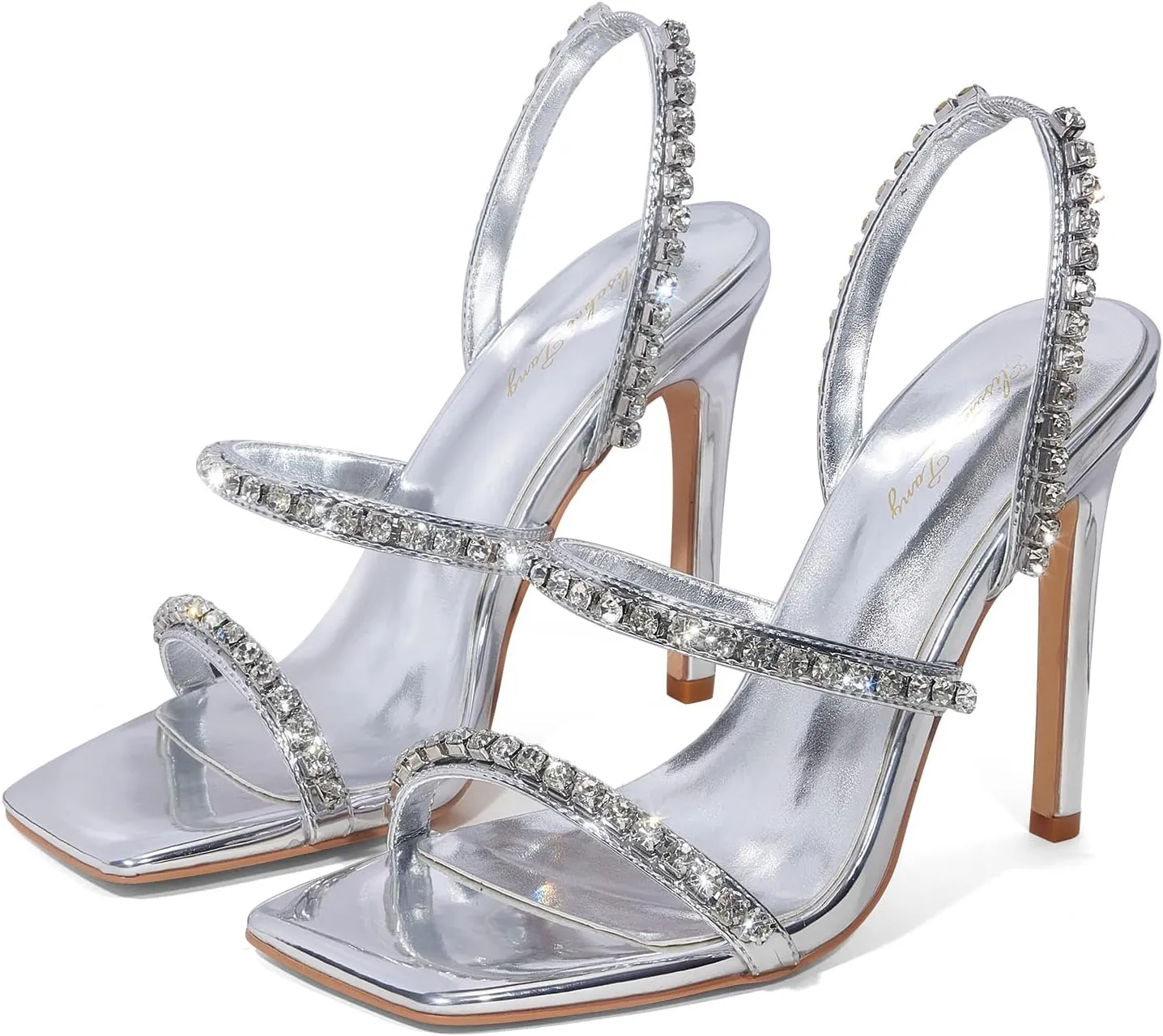 Elisabet Tang 4.3 Inch Open Toe Strappy Square Toe Heels Stiletto for Women