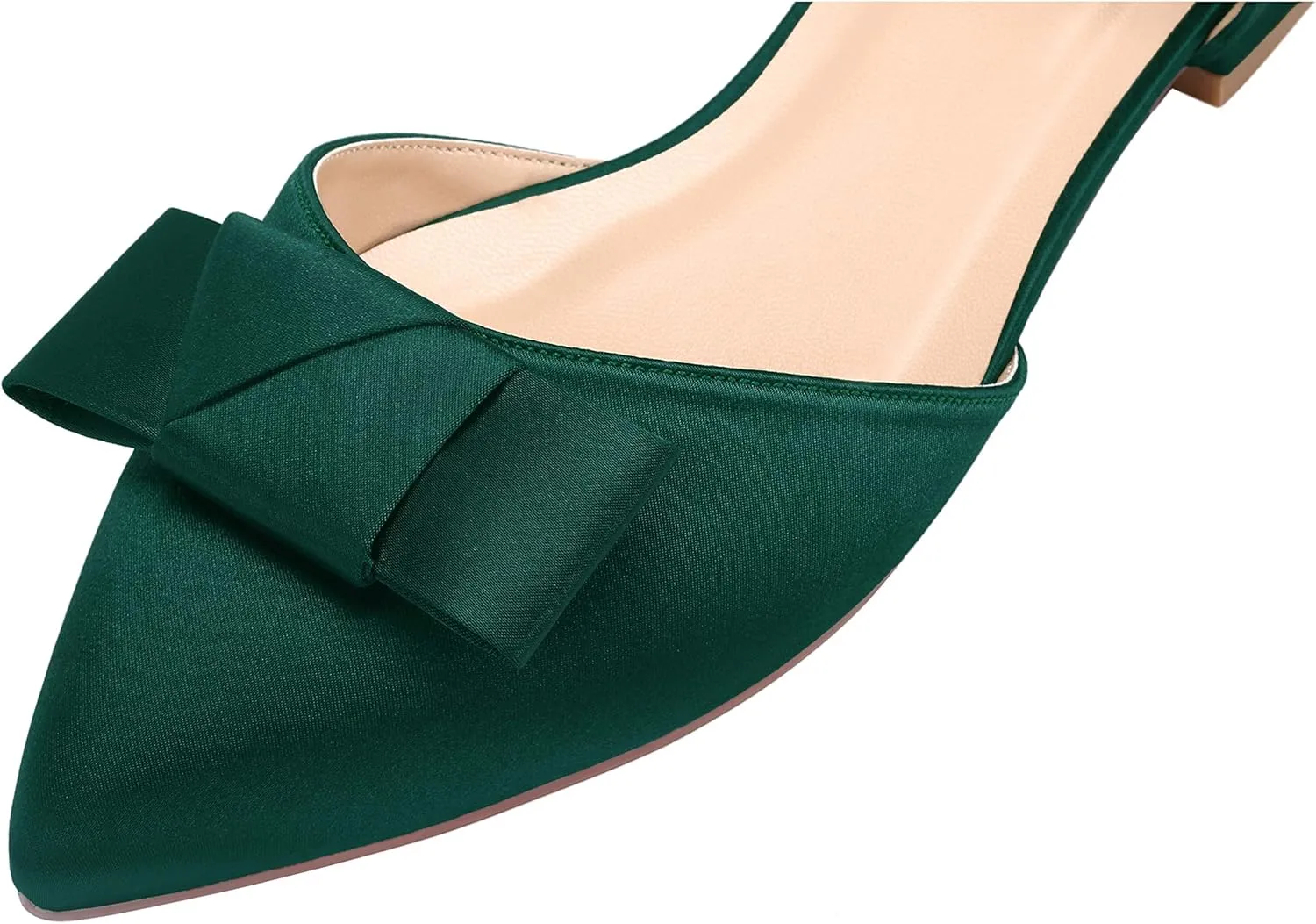 ERIJUNOR Comfortable Low Heel Wedding Shoes with Bow Knot D’orsay Pointy Toe Flats