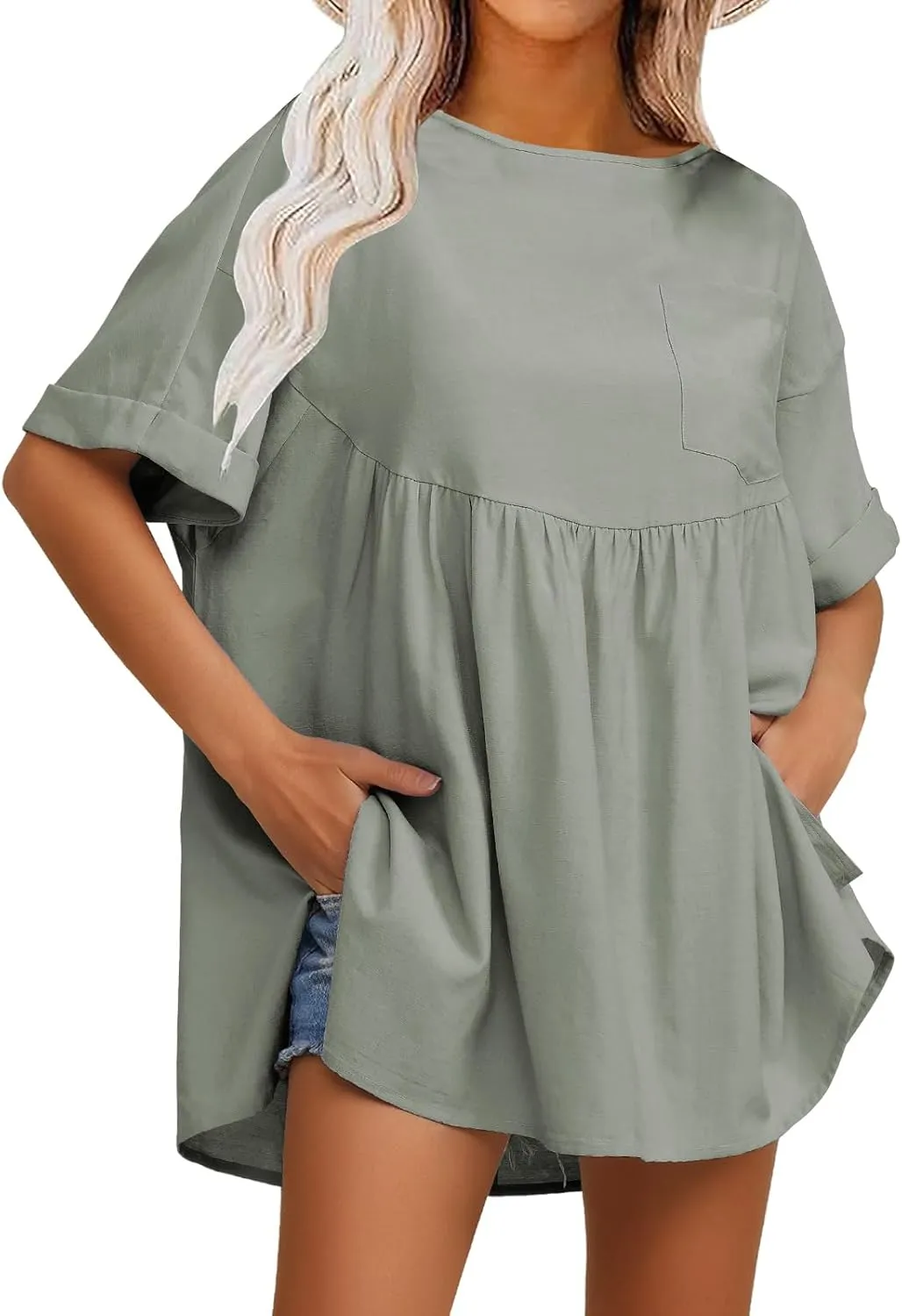 EXLURA Womens Short Sleeve Summer Tops Casual Loose Maternity Babydoll Peplum Tops Oversized Shirts Tunic 2025