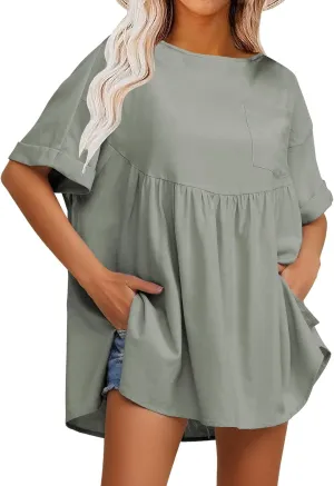 EXLURA Womens Short Sleeve Summer Tops Casual Loose Maternity Babydoll Peplum Tops Oversized Shirts Tunic 2025