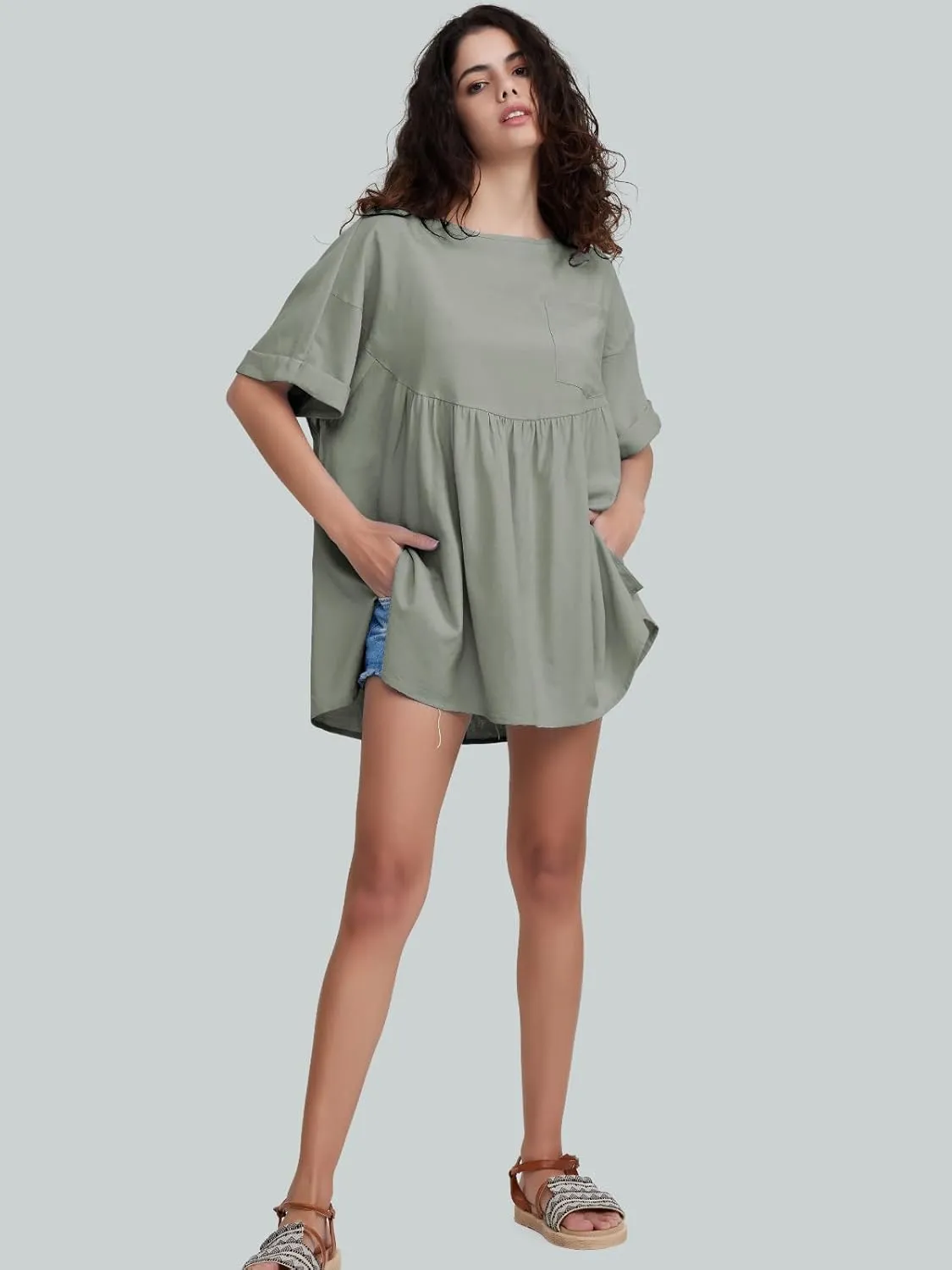 EXLURA Womens Short Sleeve Summer Tops Casual Loose Maternity Babydoll Peplum Tops Oversized Shirts Tunic 2025