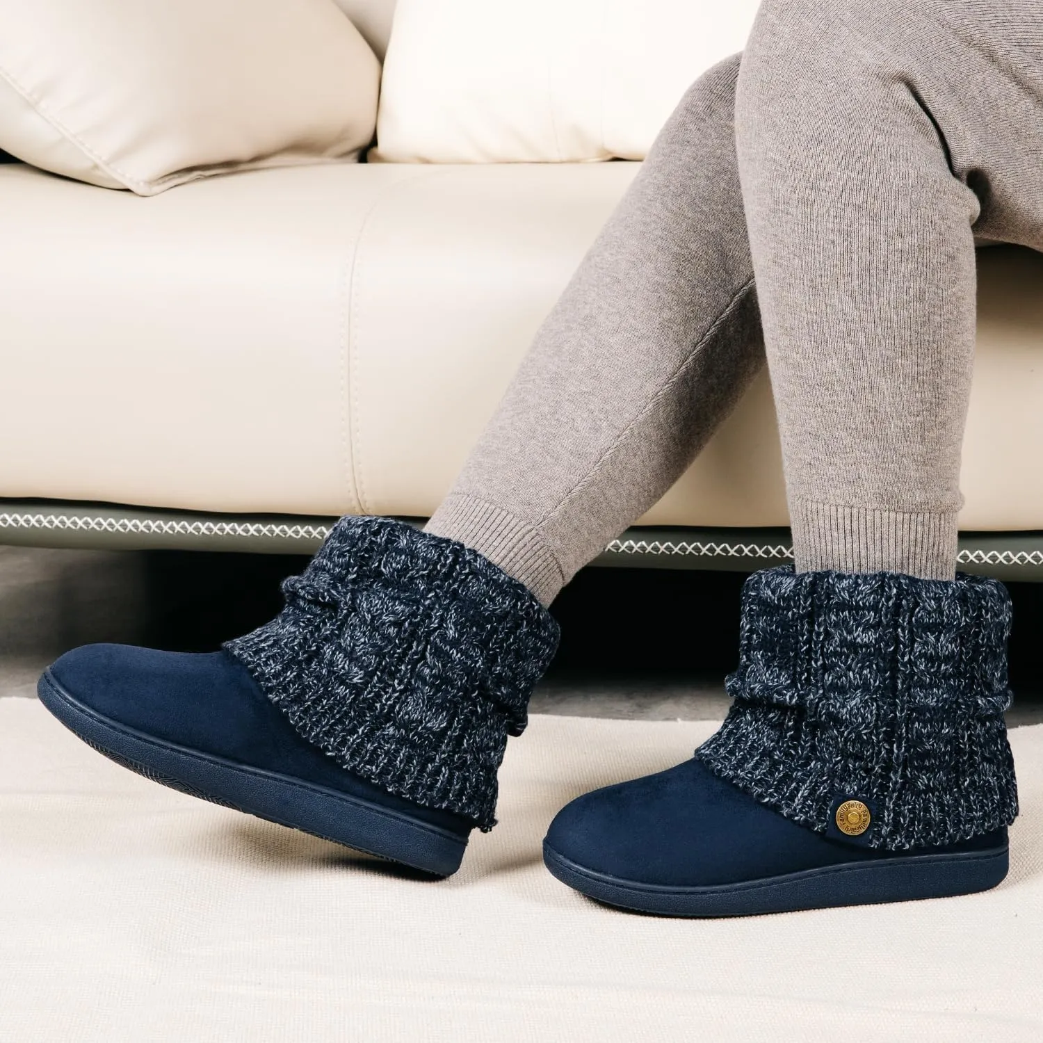 FamilyFairy Women's Woolen Yarn Knit Bootie Slippers Comfy Warm Plush Fleece Memory Foam House Shoes for Indoor Outdoor