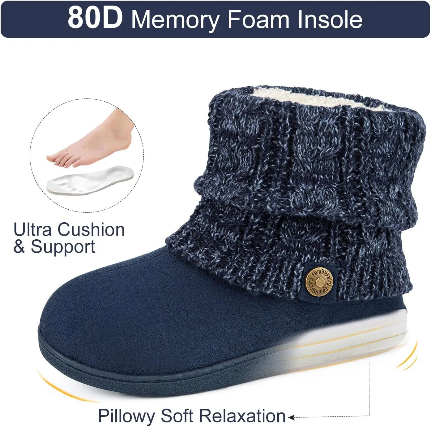 FamilyFairy Women's Woolen Yarn Knit Bootie Slippers Comfy Warm Plush Fleece Memory Foam House Shoes for Indoor Outdoor