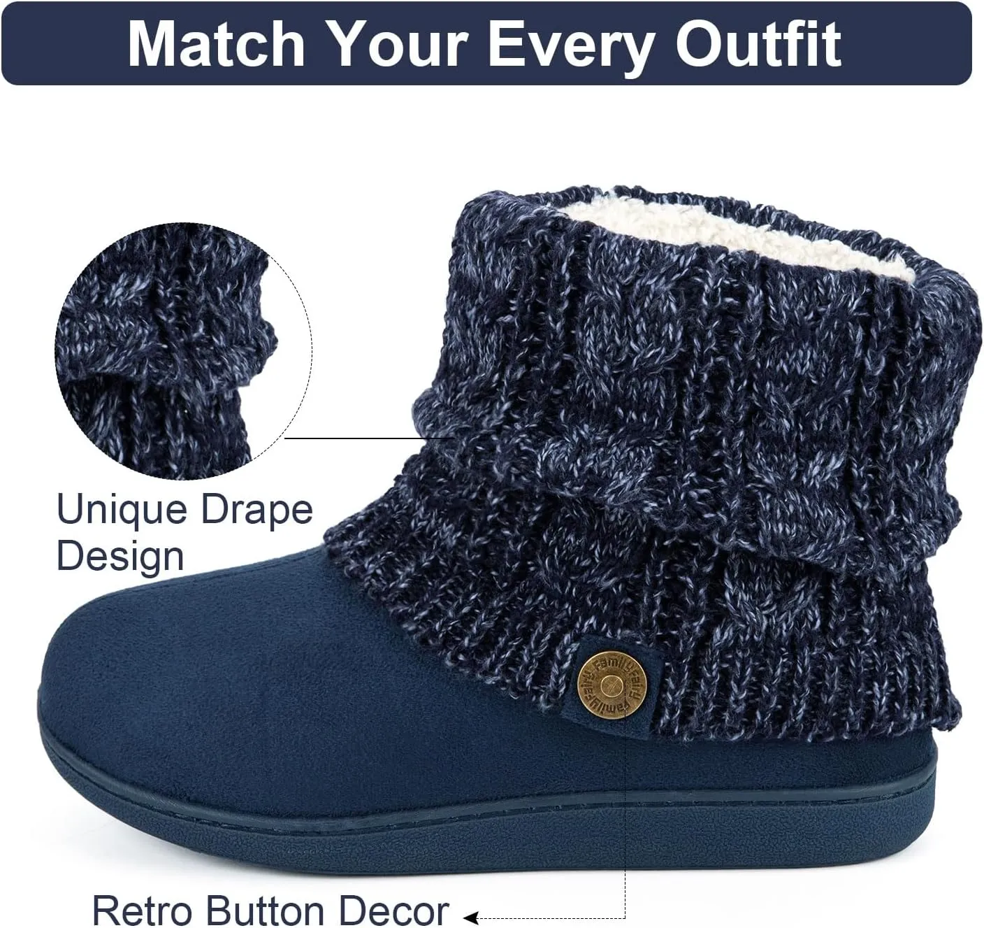 FamilyFairy Women's Woolen Yarn Knit Bootie Slippers Comfy Warm Plush Fleece Memory Foam House Shoes for Indoor Outdoor