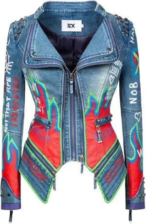 Fashion SX Women's hand-painted pattern fashion studs perfect shaping bicycle jacket motorcycle denim zipper jacket