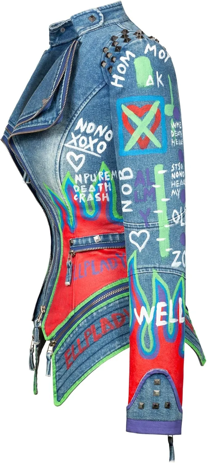 Fashion SX Women's hand-painted pattern fashion studs perfect shaping bicycle jacket motorcycle denim zipper jacket