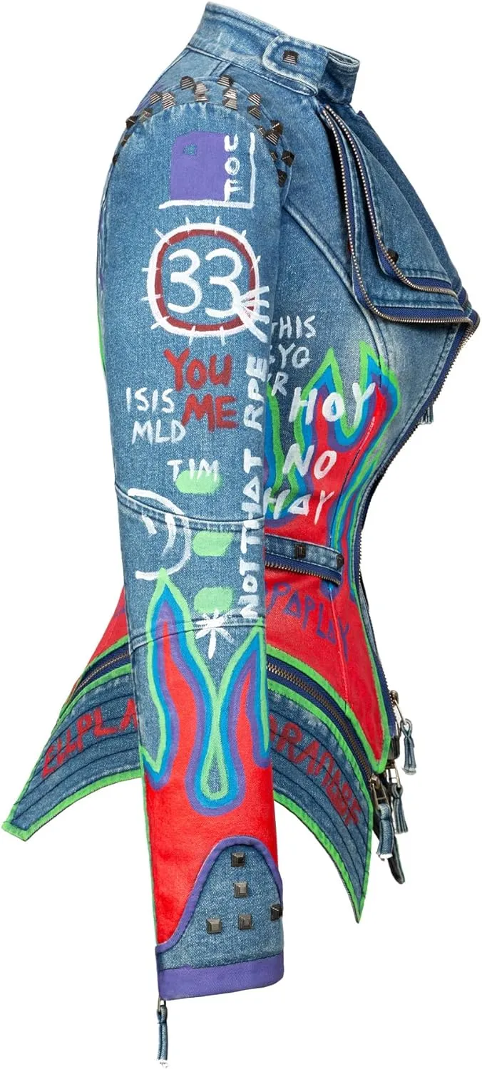Fashion SX Women's hand-painted pattern fashion studs perfect shaping bicycle jacket motorcycle denim zipper jacket