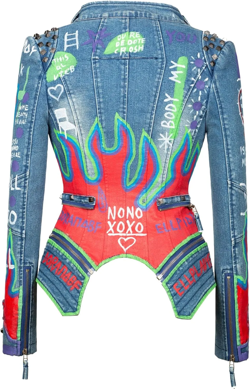 Fashion SX Women's hand-painted pattern fashion studs perfect shaping bicycle jacket motorcycle denim zipper jacket