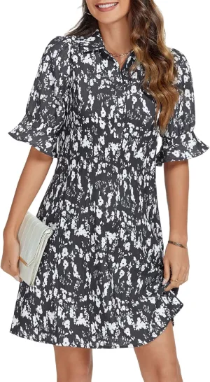 FENSACE Womens Casual Shirt Dress Ruffle Sleeve Solid Color Button Down Shift Summer Dresses with Pockets