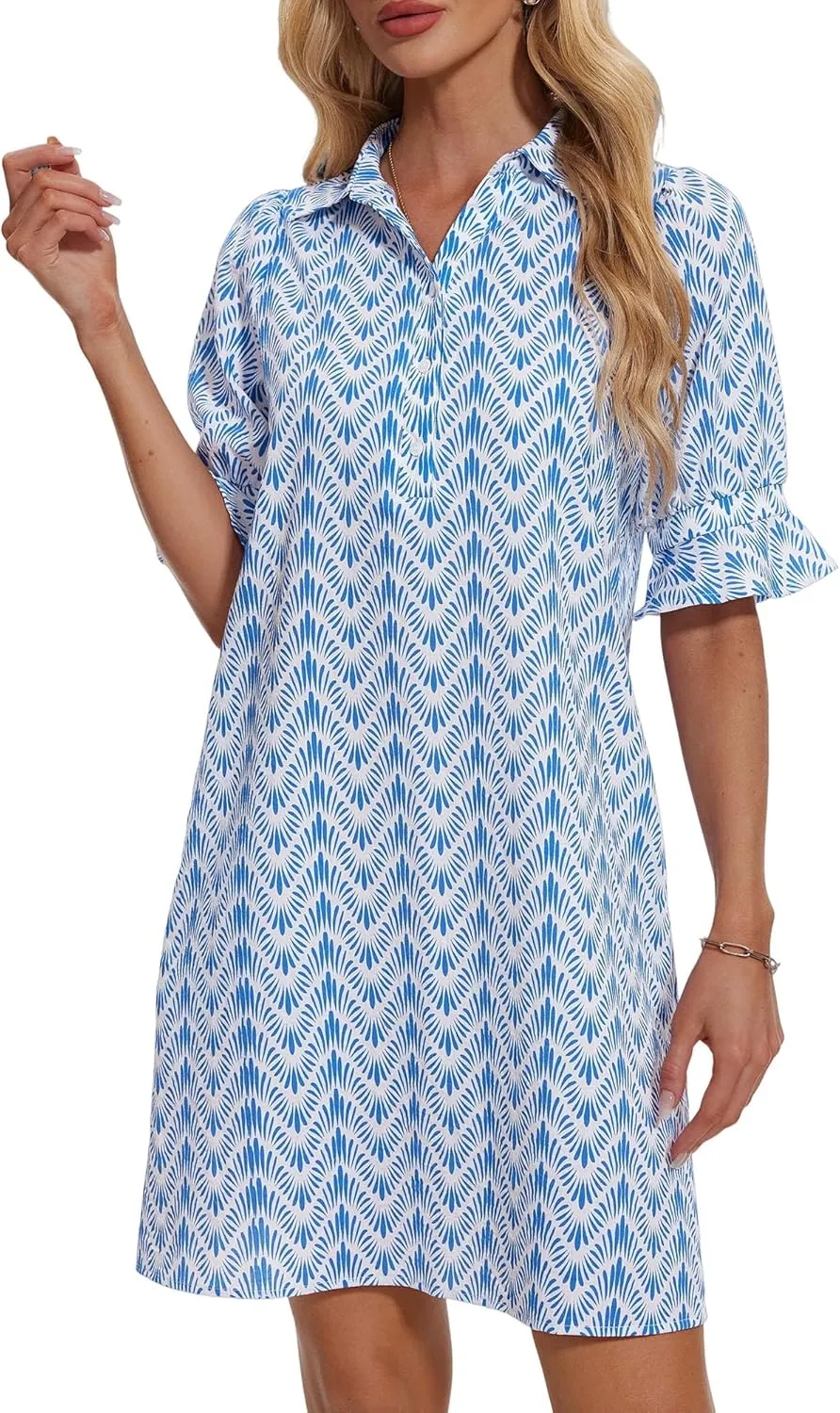 FENSACE Womens Casual Shirt Dress Ruffle Sleeve Solid Color Button Down Shift Summer Dresses with Pockets