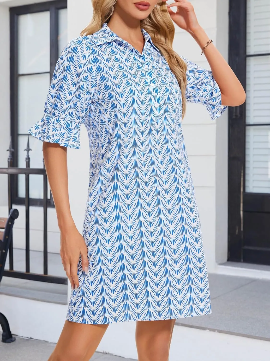 FENSACE Womens Casual Shirt Dress Ruffle Sleeve Solid Color Button Down Shift Summer Dresses with Pockets