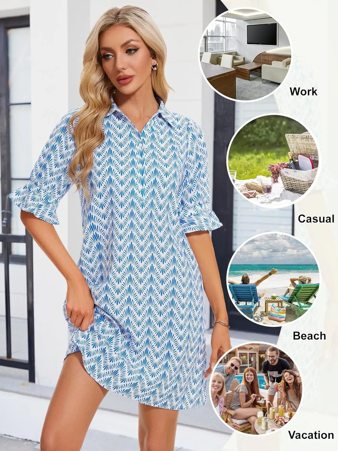 FENSACE Womens Casual Shirt Dress Ruffle Sleeve Solid Color Button Down Shift Summer Dresses with Pockets