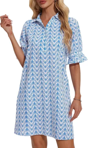 FENSACE Womens Casual Shirt Dress Ruffle Sleeve Solid Color Button Down Shift Summer Dresses with Pockets