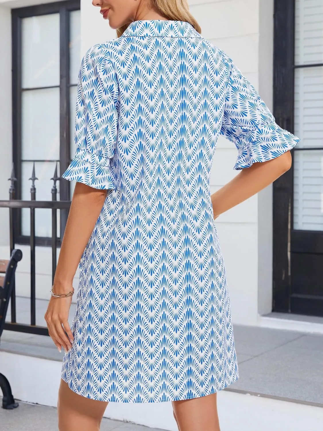 FENSACE Womens Casual Shirt Dress Ruffle Sleeve Solid Color Button Down Shift Summer Dresses with Pockets