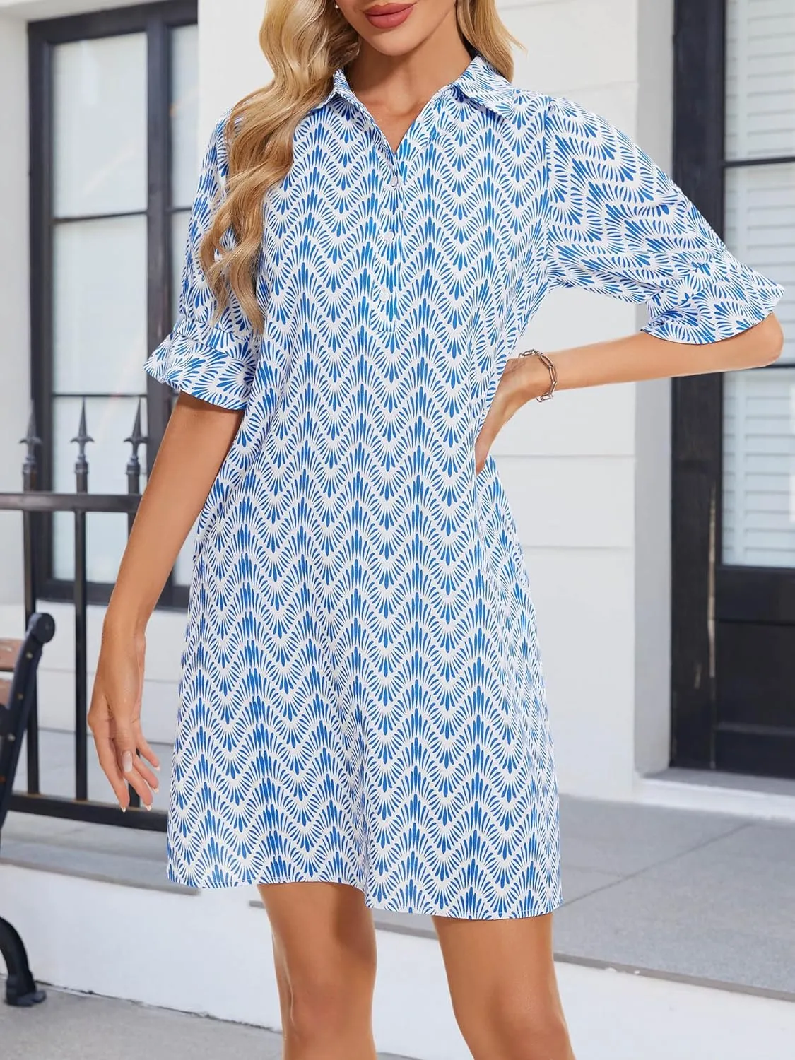 FENSACE Womens Casual Shirt Dress Ruffle Sleeve Solid Color Button Down Shift Summer Dresses with Pockets