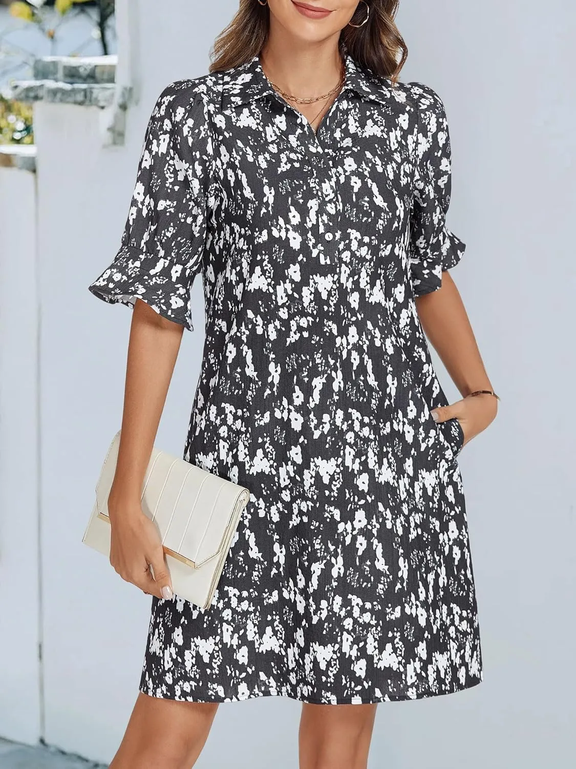 FENSACE Womens Casual Shirt Dress Ruffle Sleeve Solid Color Button Down Shift Summer Dresses with Pockets